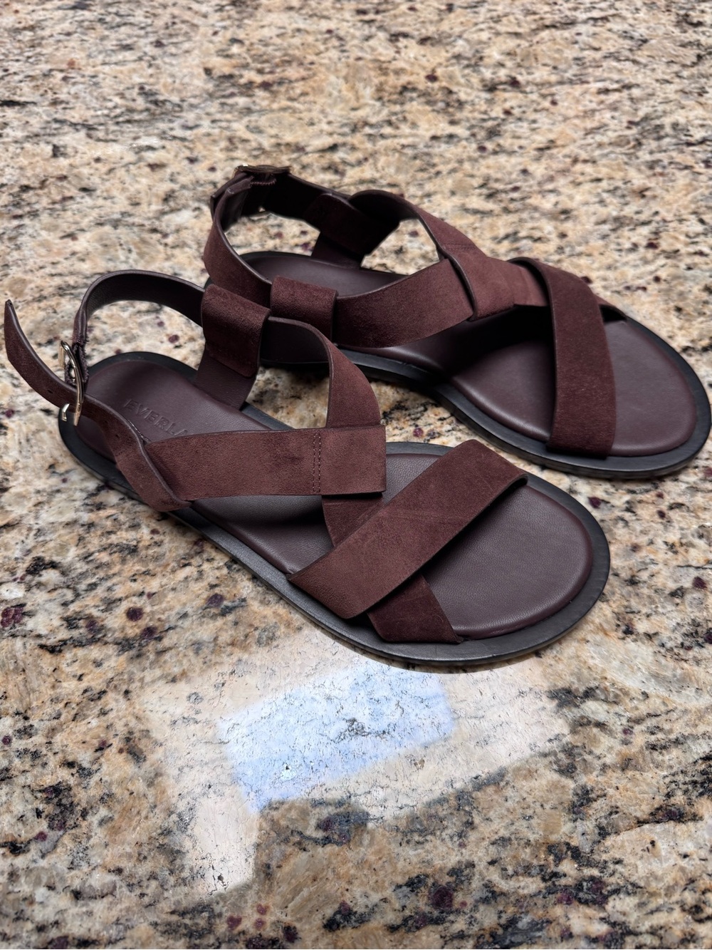 Everlane Dark Brown Suede Cross-Strap Sandals